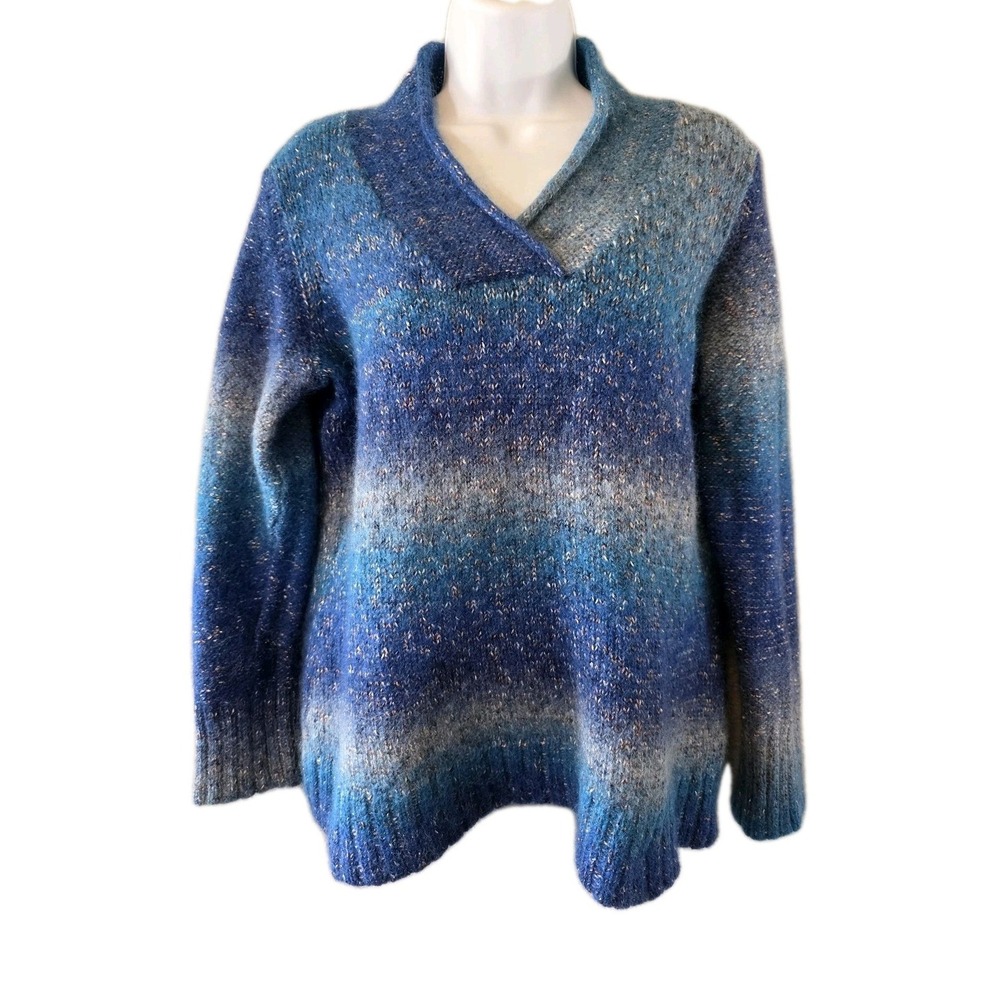 Coldwater Creek Sweater Womens 1X Blue Ombre Shawl Collar Pullover Wool Blend